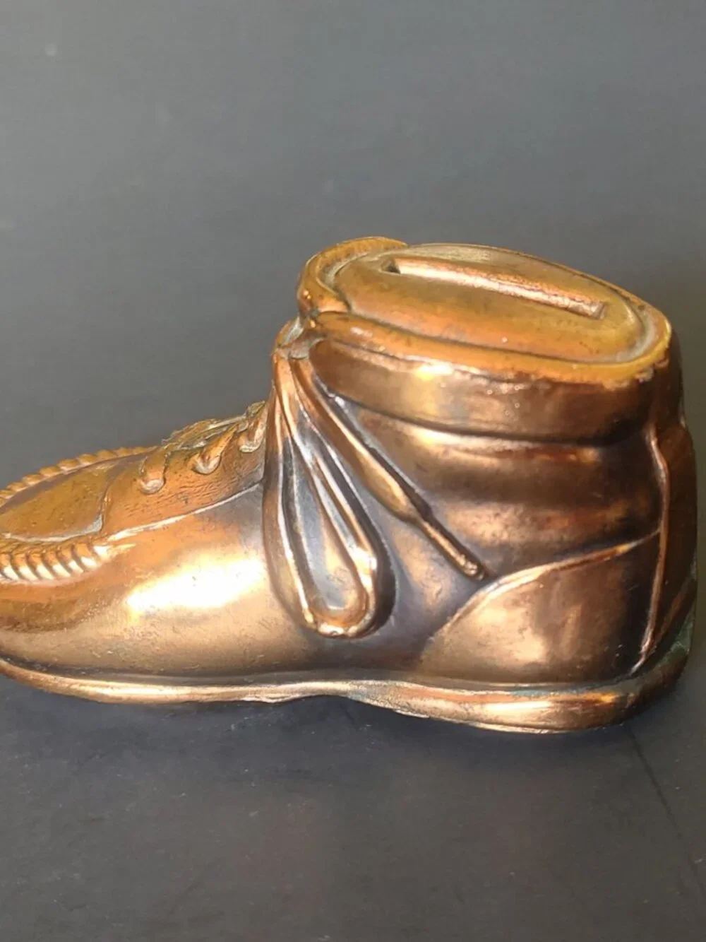 Vintage Bronze Baby Shoe Coin Piggy Bank Copper Color Plated Cast Metal